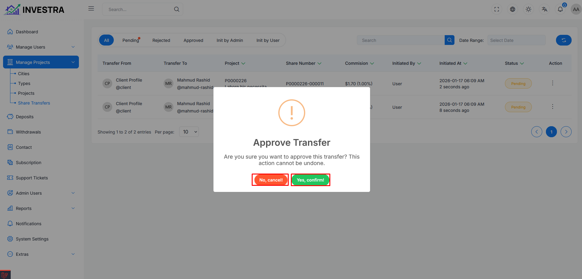 Approve Transfer Confirmation