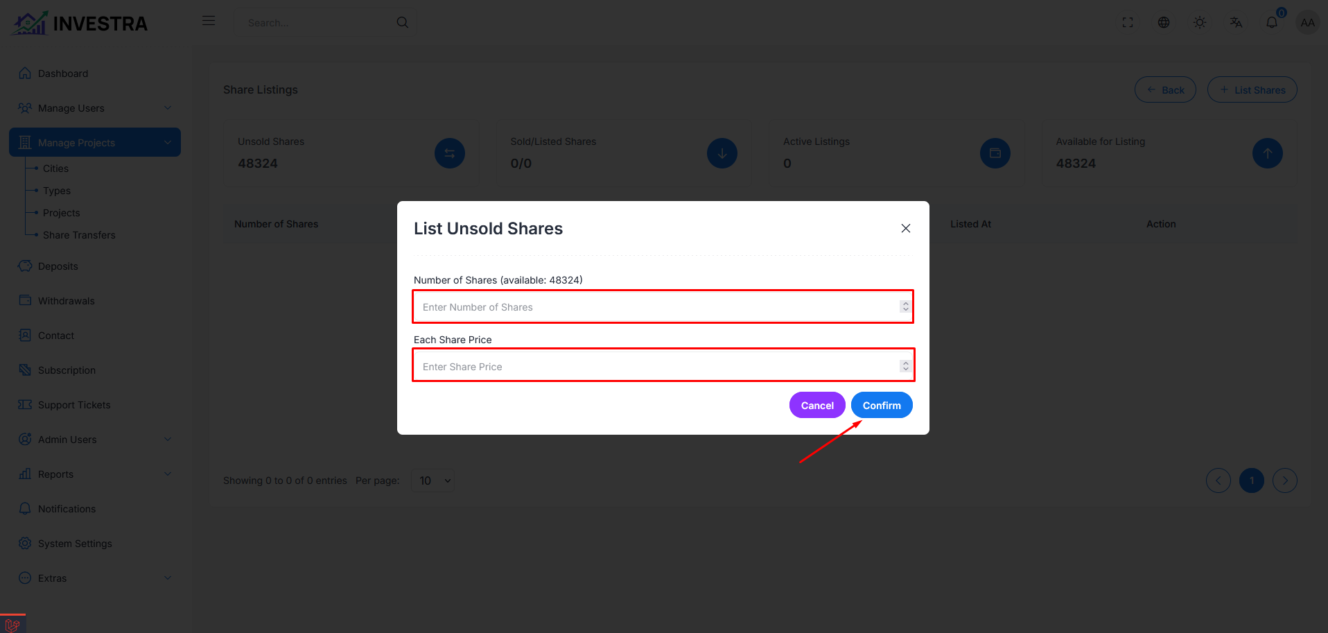 List Unsold Shares