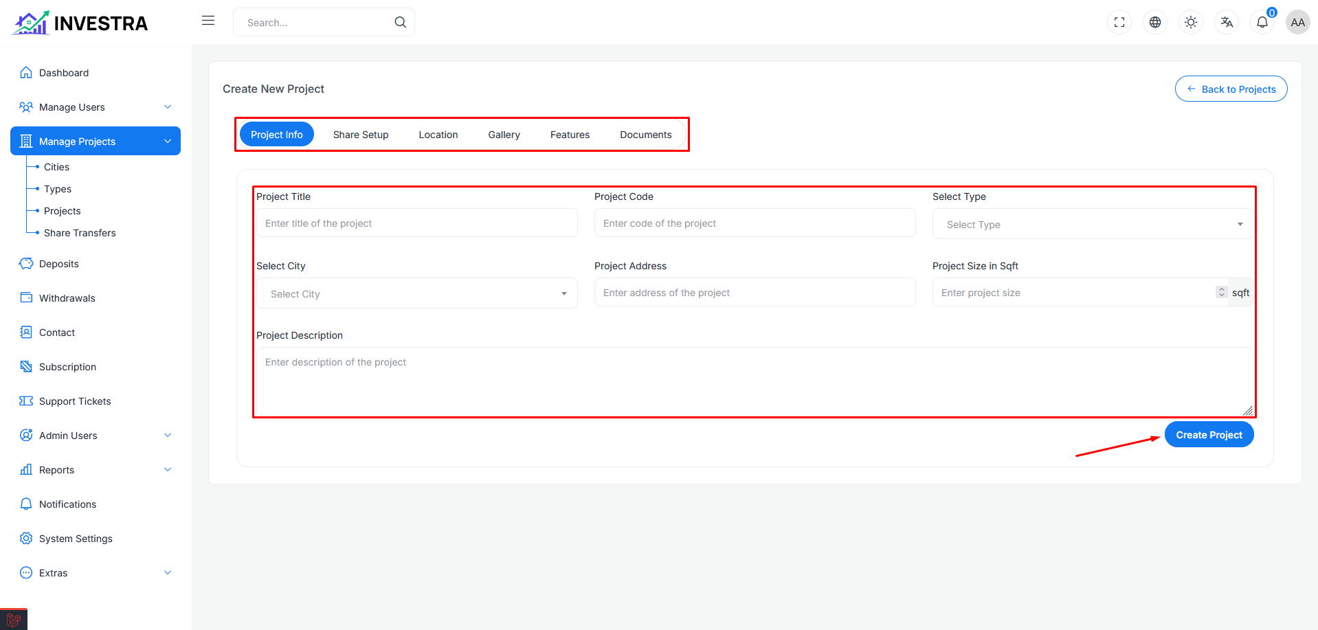 Create New Project - Project Info